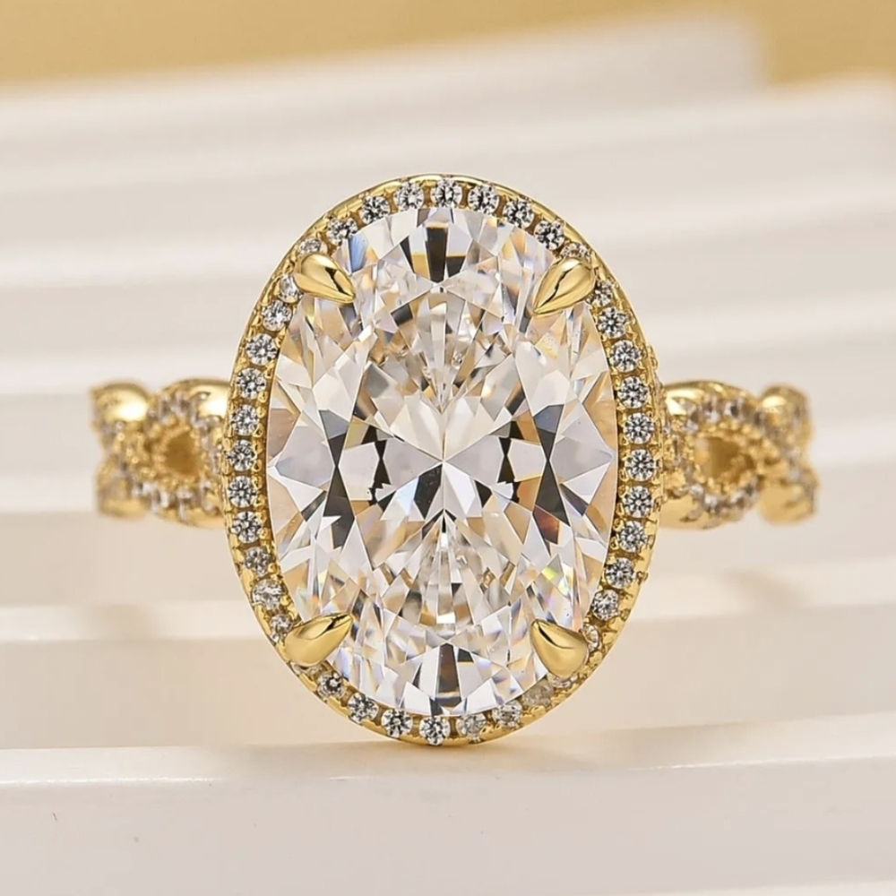 Maxine 4.5 Carat Oval Cut Twisted Detail 925 Gold Plated Engagement Ring, 4.75